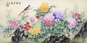 HANDPAINTED ORIENTAL ASIAN ART CHINESE WATERCOLOR PAINTING-birds lover&Peony