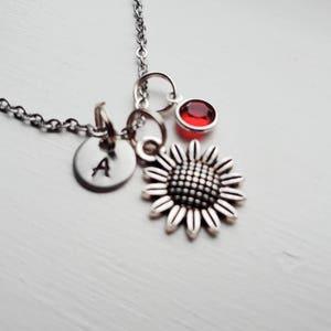 Sunflower Charm Necklace With Hand Stamped Initial Disc and Birthstone - Personalized - Flower Jewelry - Bridesmaid Gift - Friend