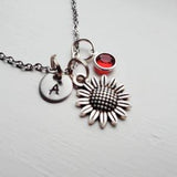 Sunflower Charm Necklace With Hand Stamped Initial Disc and Birthstone - Personalized - Flower Jewelry - Bridesmaid Gift - Friend