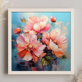 Pink Peony Flowers Painting | | Pink Flowers Bouquet on Blue Background | Canvas Print | Floral Wall Art | Modern Living Room Wall Decor |