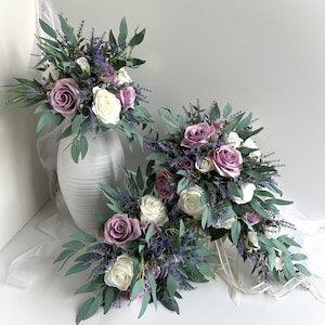 Wedding Bouquet Teardrop Dusty Lavender Purple white rose Eucalyptus Bridesmaids Bouquets Faux Silk Flowers Buttonhole Weddings Flowers