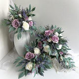 Wedding Bouquet Teardrop Dusty Lavender Purple white rose Eucalyptus Bridesmaids Bouquets Faux Silk Flowers Buttonhole Weddings Flowers