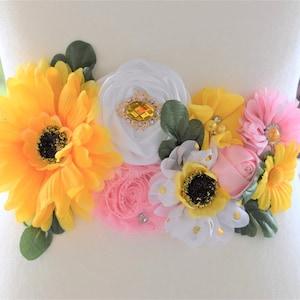 Sunflower Maternity Sash, Yellow White Denim Flower Sash, Sunflower Theme Baby Shower, Pink Sunflower Mommy to Be and Daddy To Be, Custom