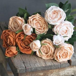 27.5" Morandi Color Real Touch Faux Garden Roses, Artificial DIY Florals | Wedding/Home/Kitchen Decoration | Gifts, Pale Blush Burnt Orange