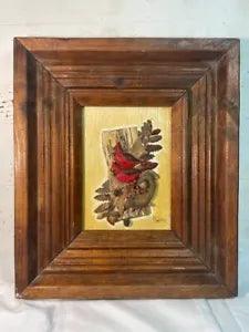 Vintage Dried Flower Acorn Moss Leaves Fungi Picture with Red Cardinals