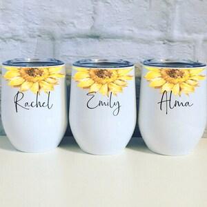 Sunflower Bridesmaid Gift White Wine Tumbler, Personalized Watercolor Bridal Party Swig Wedding Mug Destination MOH Floral Sippy Cup Name