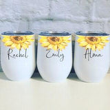Sunflower Bridesmaid Gift White Wine Tumbler, Personalized Watercolor Bridal Party Swig Wedding Mug Destination MOH Floral Sippy Cup Name