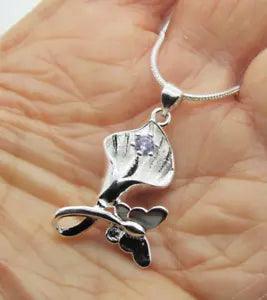 Sterling Silver Plated Purple Crystal Calla Lily Flower Necklace Snake Chain