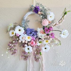 Whimsical butterfly ranunculus wreath, white purple wreath, meadow flower wreath, romantic wreath, faux lilac, faux pompom dahlia