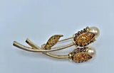 Vintage Gold Tone Rhinestone Faux Pearl Flower Brooch Topaz Lily of the Valley