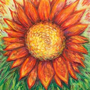 Bold Abstract Floral Sunflower Flower Power 12 x 16 inches Red, Orange, Green, Yellow, Gold Contemporary Painting Floral
