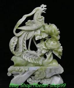 15.3'' Natural Xiu Green Jade Carve Phoenix Phenix Peony Flower Statue ornament