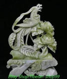 15.3'' Natural Xiu Green Jade Carve Phoenix Phenix Peony Flower Statue ornament