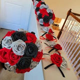 Black, Red, Silver Wedding Bouquets, Boutonniere, Wrist Corsages