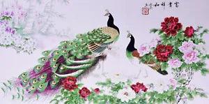 100% ORIGINAL ASIAN ART CHINESE WATERCOLOR PAINTING-Fortune Peacock&Peony flower