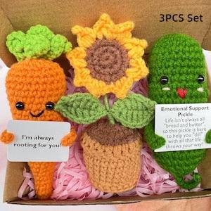 Emotional Support Pickle Set with Rooting for you carrot and sunflower,Valentine's Day Gift, Handmade Positive Vegetables and Crochet Flower