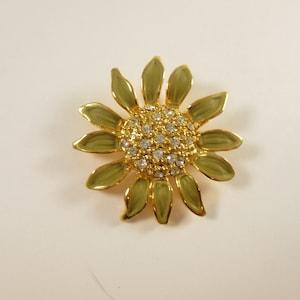 Vintage Sunflower Brooch Enamel Crystal Gold Tone Flower Pin 1980s
