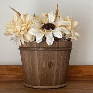 Silk floral arrangement | Fall home decor | Thanksgiving centrepiece | White pumpkin | Country wood barrel | Sunflowers