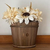 Silk floral arrangement | Fall home decor | Thanksgiving centrepiece | White pumpkin | Country wood barrel | Sunflowers
