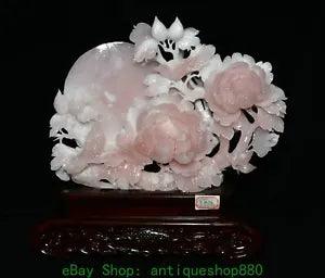 15'' Chinese Natural Xiu Pink Jade Carving Peony Flower Bird Statue Sculpture