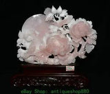15'' Chinese Natural Xiu Pink Jade Carving Peony Flower Bird Statue Sculpture