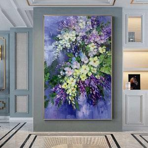 Large original art blooming orchid flower oil painting Abstract Blue Purple Yellow flower wall art living room decor palette knife painting