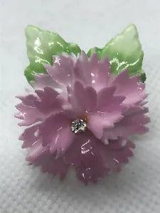 Vintage Pink Ceramic Carnation  Brooch With Rhinestone Accent