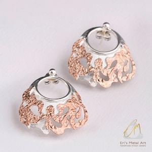 Handmade Orchid Crown stud earrings, two tone silver earrings, gold orchid crown, rose gold orchid crown, unique handcrafted flower earrings