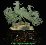 17" China Fine Natural Xiu Green Jade Carve Phoenix Phenix Peony Flower Statue