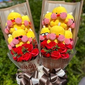 Gift Cartoon Blushing Duck Plushie Toy Soap Red Roses Flower Bouquet Birthday, Anniversary, Mothers day .floralsbyanne