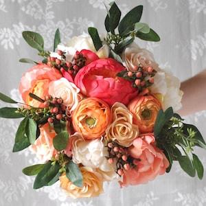 wedding bouquet wedding flowers bridal bouquet boho eucalyptus peony ranunculus rose silk flowers destination wedding coral wedding flowers