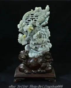 20.8" Chinese Natural Emerald Jade jadeite Peony Flower Bird Wealth Statue