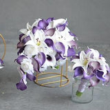 Faux White Purple Bride Bouquet, Light Purple Wedding Bouquets, Real Touch Calla Lilies, White Roses, Royal Purple Lilac Bouquet, White Lily