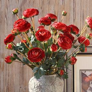 Artificial Ranunculus Flower Bundle with Leaves and Bud, Fake Buttercup Craft, Home Floral Decor, Bridal Bouquet Filler, Wedding Arrangement
