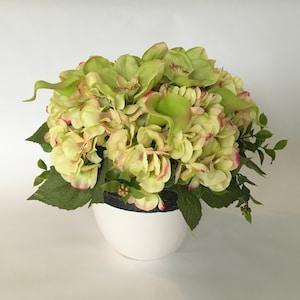 Faux hydrangea, orchids and calla lily arrangement; real touch orchid arrangement