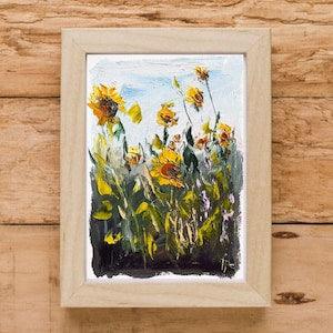 Sunflower painting Miniature painting Impasto flowers Abstract flowers Sunfowers field