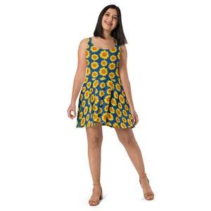 Sunflowers Printed Women Skater Dress, Floral Skater Dress, Figure Skater Dress, Cute Sleeveless Dress, Fit Dress, Sunflower Lover Gifts