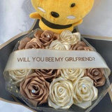 Girlfriend Ramo Buchon, Proposal Cute Bee Plushie, Be My GF or BF, Handmade Fake Flower Bouquet, Eternal Rose Flower Arrangement