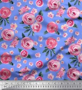 Soimoi Blue Cotton Poplin Fabric Leaves & Ranunculus Floral Fabric-79e