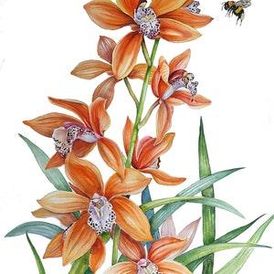 ORIGINAL watercolor painting, Orchid blossom artwork, tropical flower wall art, pink flower painting, bee watercolor art, tropical wall art