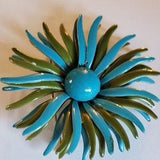 Vintage Turquoise & Green Enamel Double Layered Flower Power Sunflower Brooch
