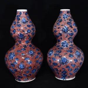 22" Antique Porcelain Ming dynasty A pair Blue white red peony flower gourd Vase