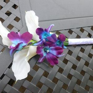 Calla lily galaxy orchid bridesmaids bouquet, toss bouquet real touch calla lilies, artificial bouquet