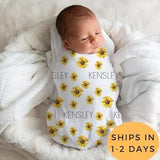Sunflower Personalized Swaddle Blanket, Custom Swaddle Blanket, Sunflower Nursery, Sunflower Baby Shower Gift, Floral Baby Girl Blanket