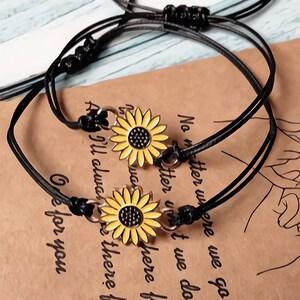 Sunflower Friendship Bracelets Set, Two Black & Yellow Waxed Rope Adjustable Flower Charm Wrist Bracelets with Beads Two Friends Can Share
