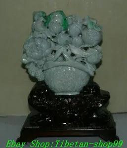 12" Nartual Emerald Jadeite Green Jade Carve Peach Peony Bird Flower basket