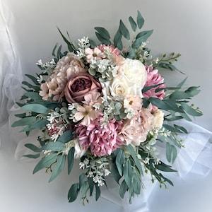 Wedding Bouquet Cascading Bridal Bouquets Dusty Pink Dusty Mauve Beige White Peony Roses Cosmos Gum Eucalyptus Dahlia Flowers Buttonhole Set