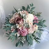 Wedding Bouquet Cascading Bridal Bouquets Dusty Pink Dusty Mauve Beige White Peony Roses Cosmos Gum Eucalyptus Dahlia Flowers Buttonhole Set