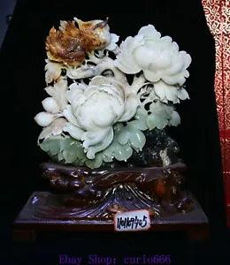 17.7'' Chinese Natural White Xiu Jade Peony Flower Magpie Bird Birds Statue