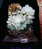 17.7'' Chinese Natural White Xiu Jade Peony Flower Magpie Bird Birds Statue